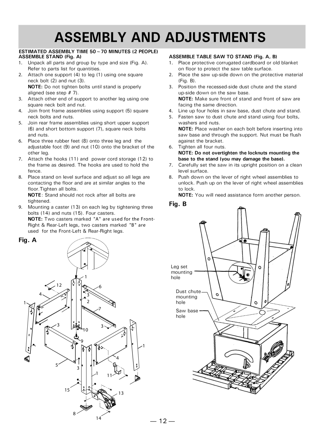 Hitachi C10FL instruction manual Assembly and Adjustments, Assemble Table SAW to Stand Fig. A, B 