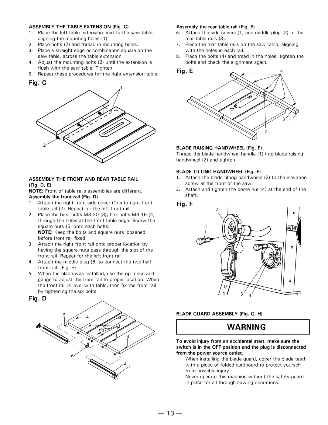 Hitachi C10FL Assembly the Table Extension Fig. C, Assembly the rear table rail Fig. E, Blade Raising Handwheel Fig. F 