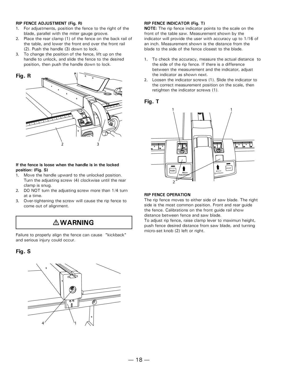 Hitachi C10FL instruction manual RIP Fence Adjustment Fig. R, RIP Fence Indicator Fig. T, RIP Fence Operation 