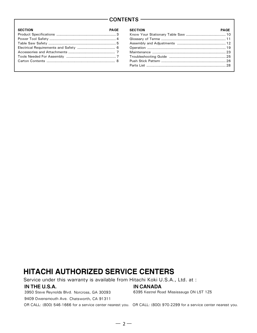 Hitachi C10FL instruction manual Hitachi Authorized Service Centers 