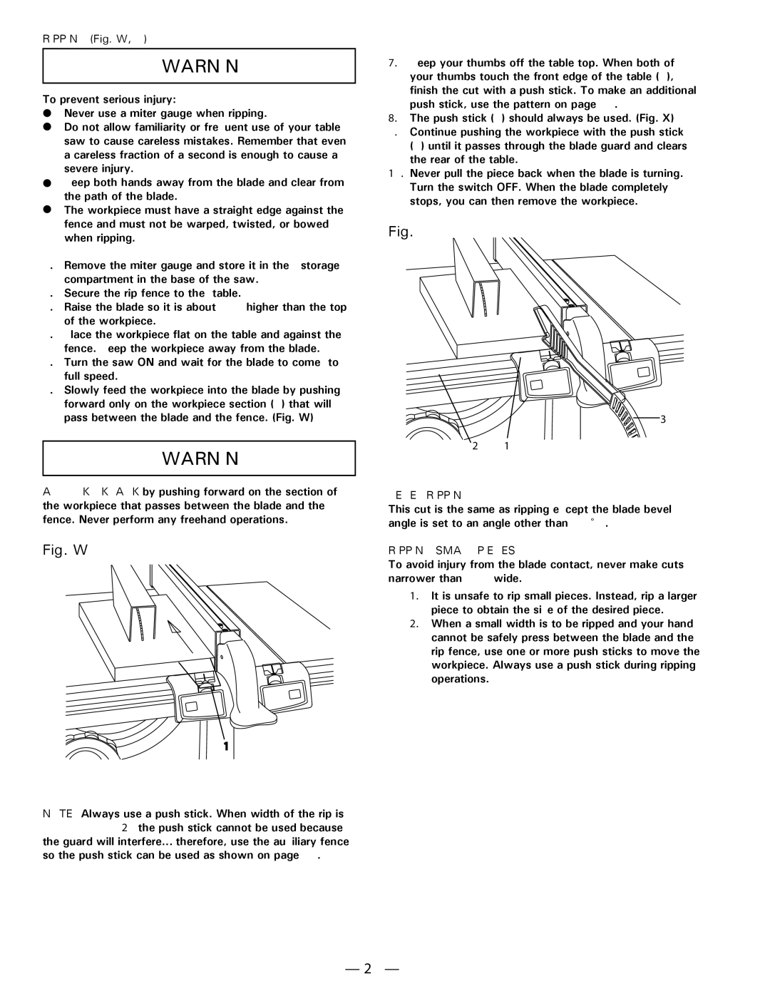 Hitachi C10FL instruction manual Ripping Fig. W, Bevel Ripping, Ripping Small Pieces 