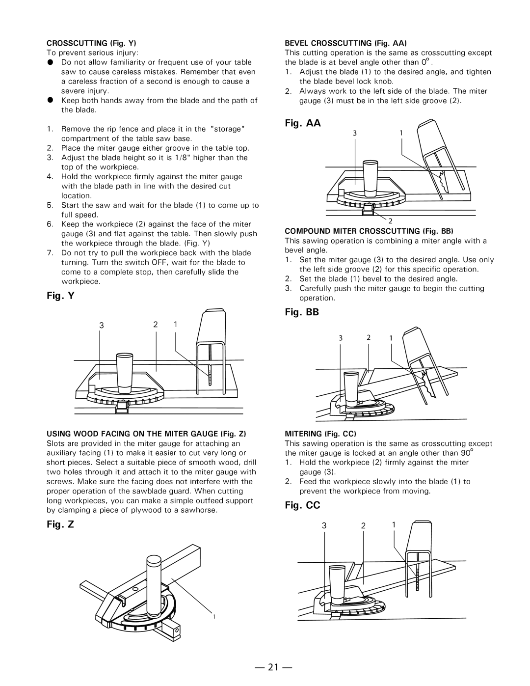 Hitachi C10FL Crosscutting Fig. Y To prevent serious injury, Bevel Crosscutting Fig. AA, Mitering Fig. CC 