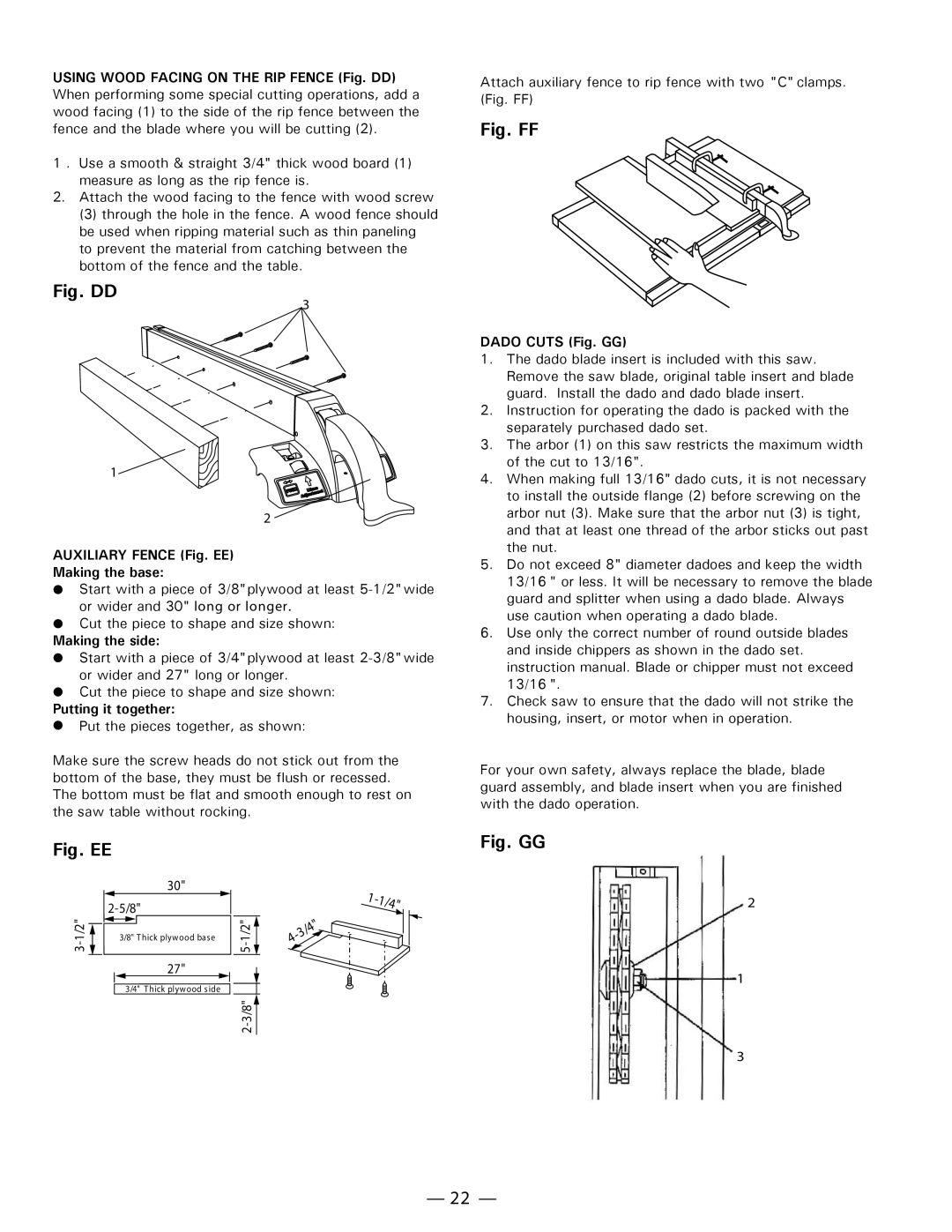 Hitachi C10FL Auxiliary Fence Fig. EE Making the base, Making the side, Putting it together, Dado Cuts Fig. GG 