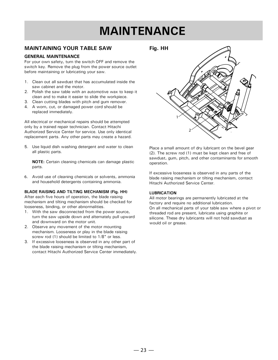 Hitachi C10FL instruction manual Maintenance, Maintaining Your Table SAW, Lubrication 