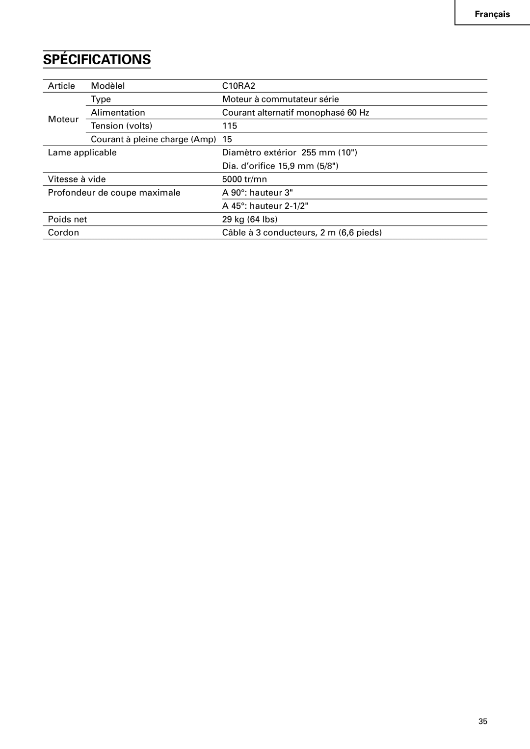 Hitachi C10RA2 instruction manual Spécifications 