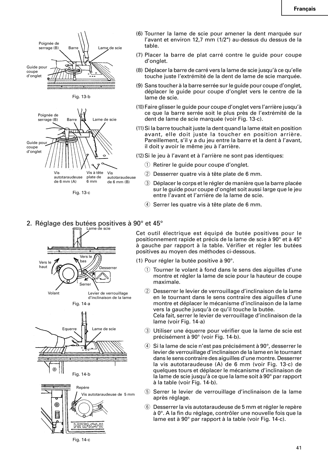 Hitachi C10RA2 instruction manual Réglage des butées positives à 90 et 