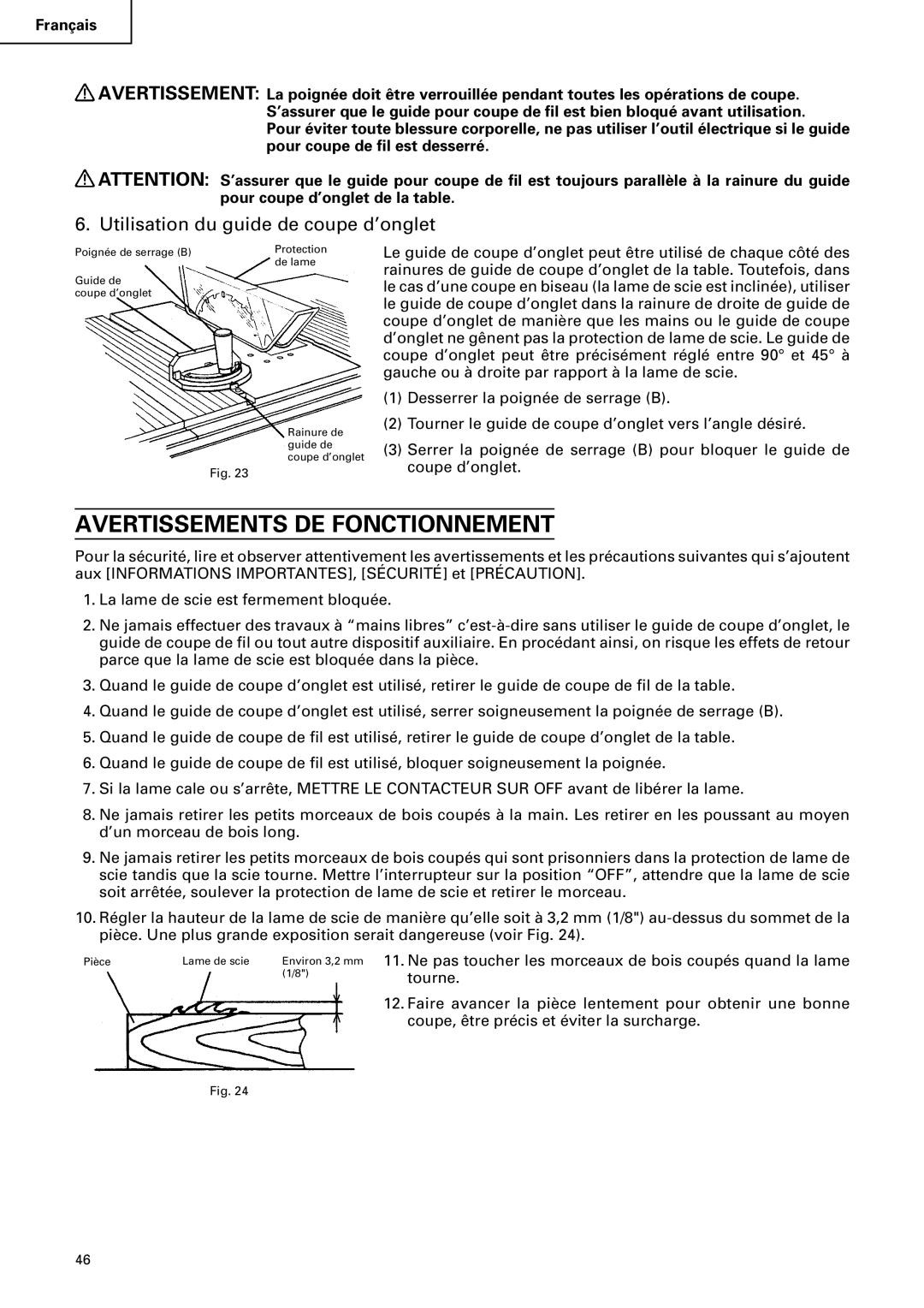 Hitachi C10RA2 instruction manual Avertissements DE Fonctionnement, Utilisation du guide de coupe d’onglet 