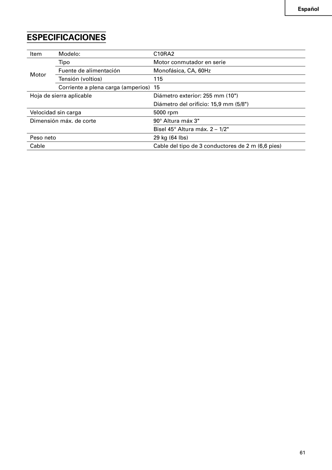 Hitachi C10RA2 instruction manual Especificaciones 