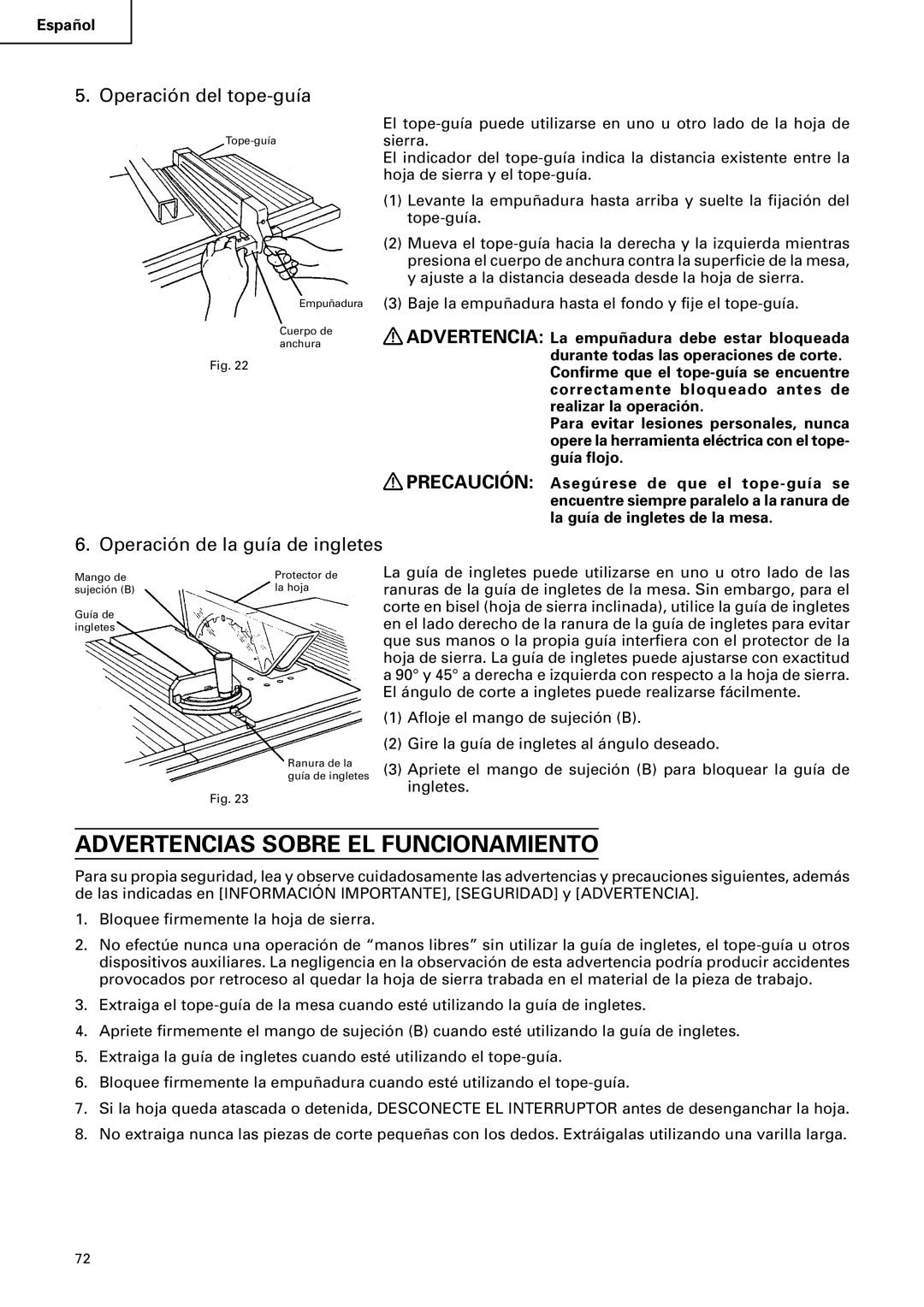 Hitachi C10RA2 Advertencias Sobre EL Funcionamiento, Operación del tope-guía, Operación de la guía de ingletes 