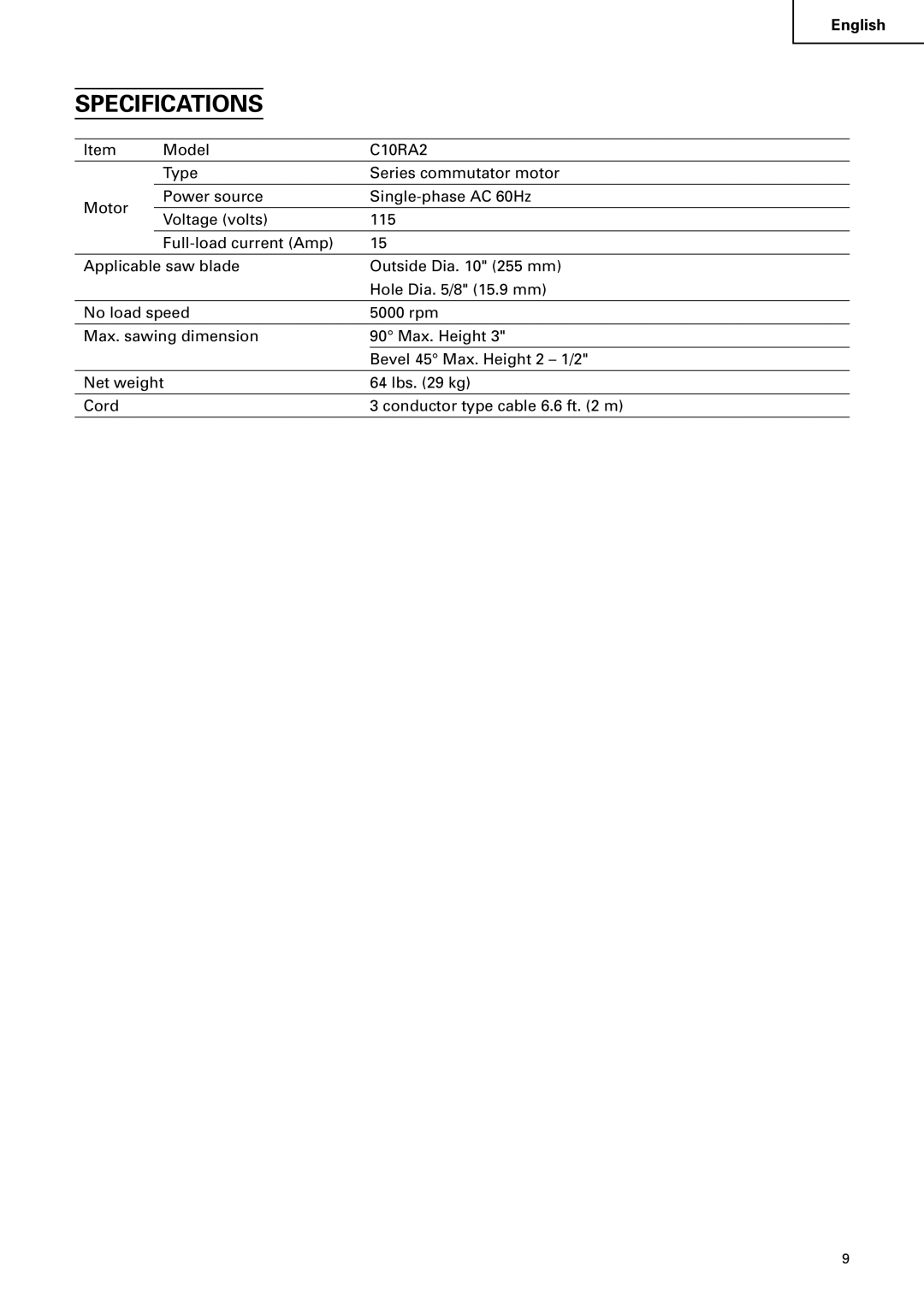 Hitachi C10RA2 instruction manual Specifications 