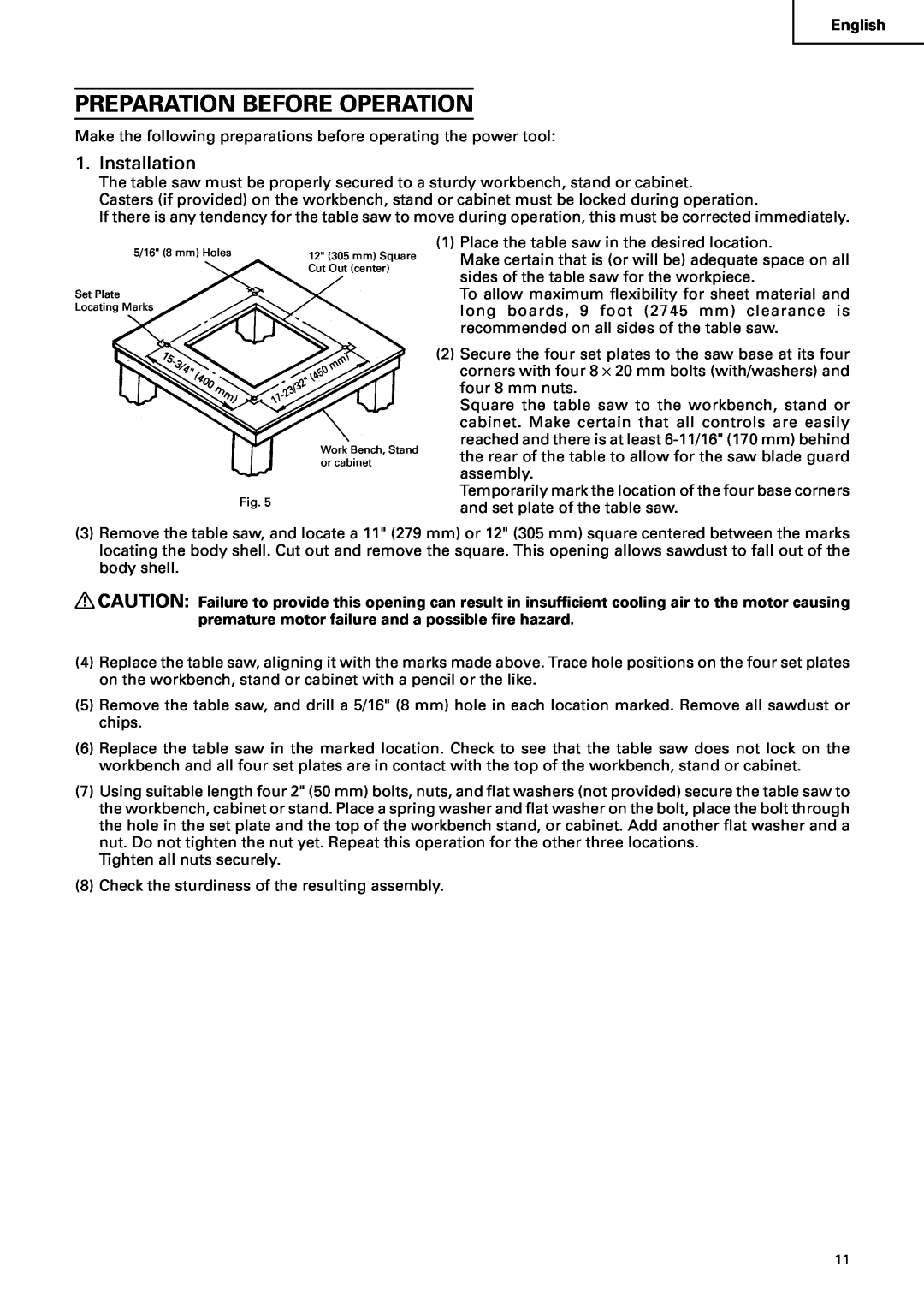 Hitachi C10RA2 instruction manual Preparation Before Operation, Installation 