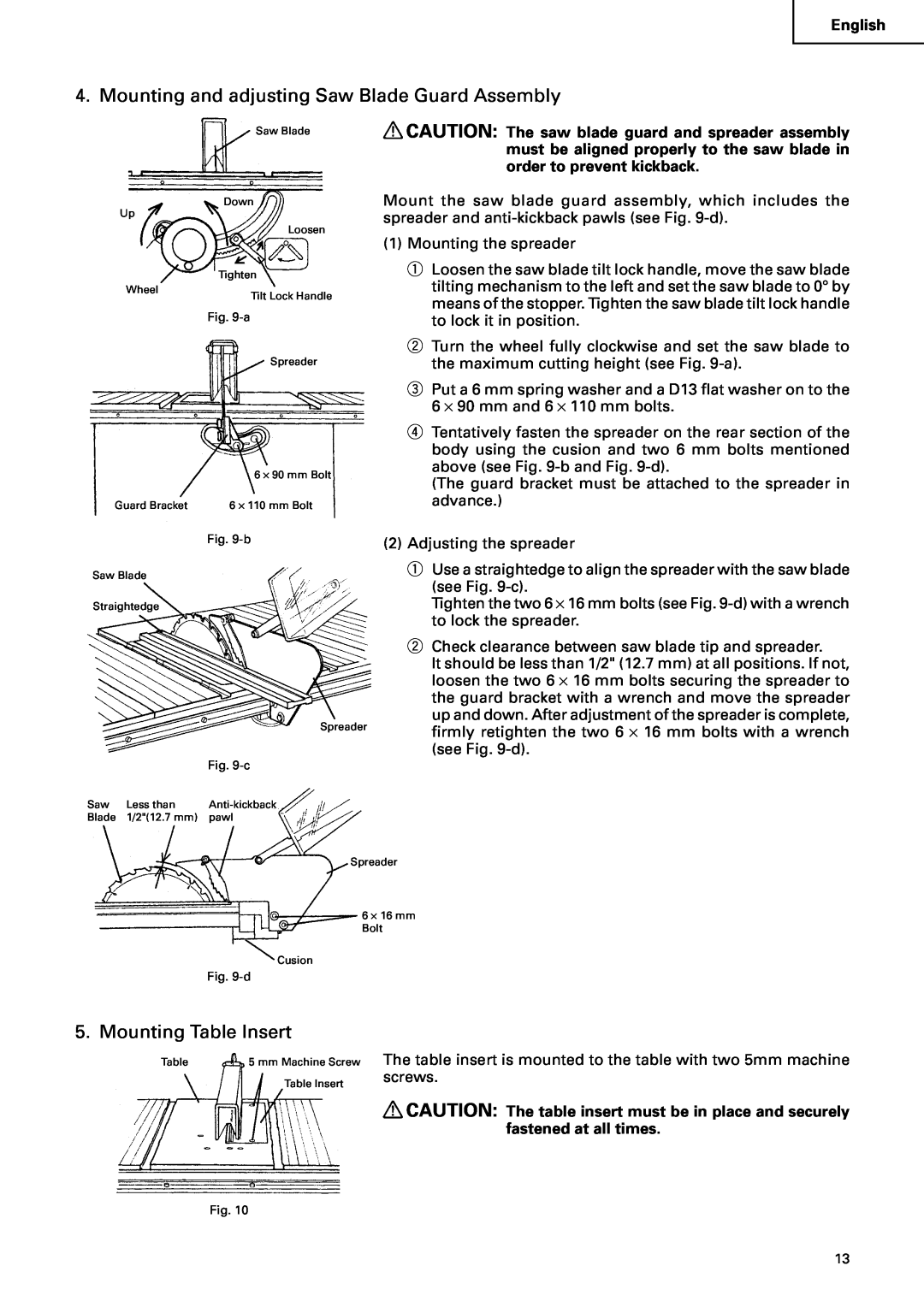 Hitachi C10RA2 instruction manual Mounting and adjusting Saw Blade Guard Assembly, Mounting Table Insert 