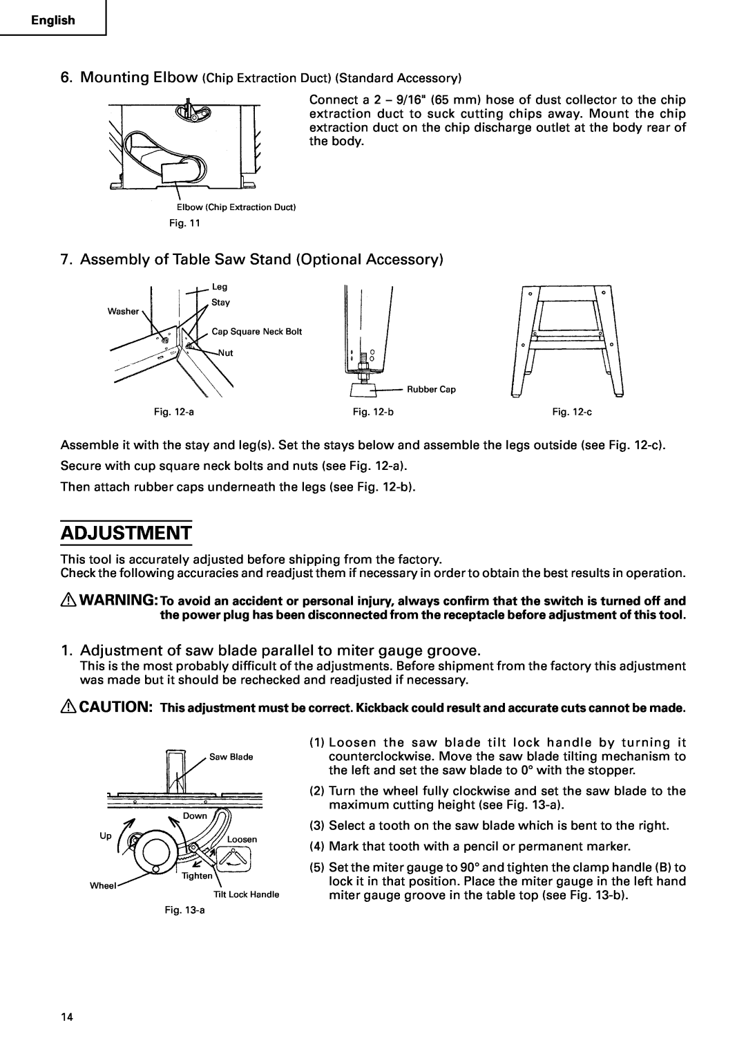 Hitachi C10RA2 instruction manual Adjustment, Assembly of Table Saw Stand Optional Accessory 