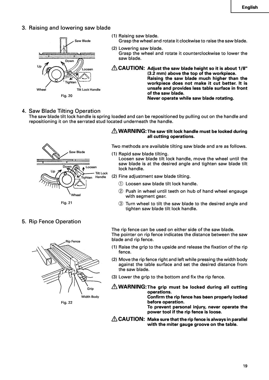 Hitachi C10RA2 instruction manual Raising and lowering saw blade, Saw Blade Tilting Operation, Rip Fence Operation 