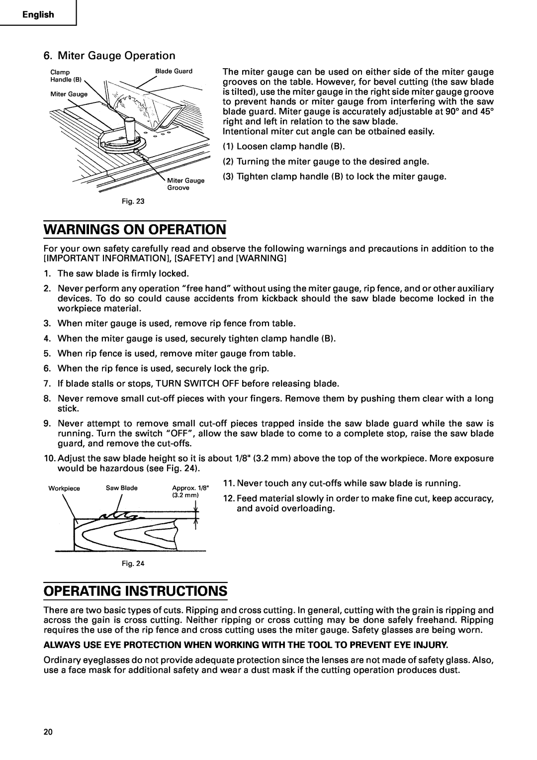 Hitachi C10RA2 instruction manual Warnings On Operation, Operating Instructions, Miter Gauge Operation 