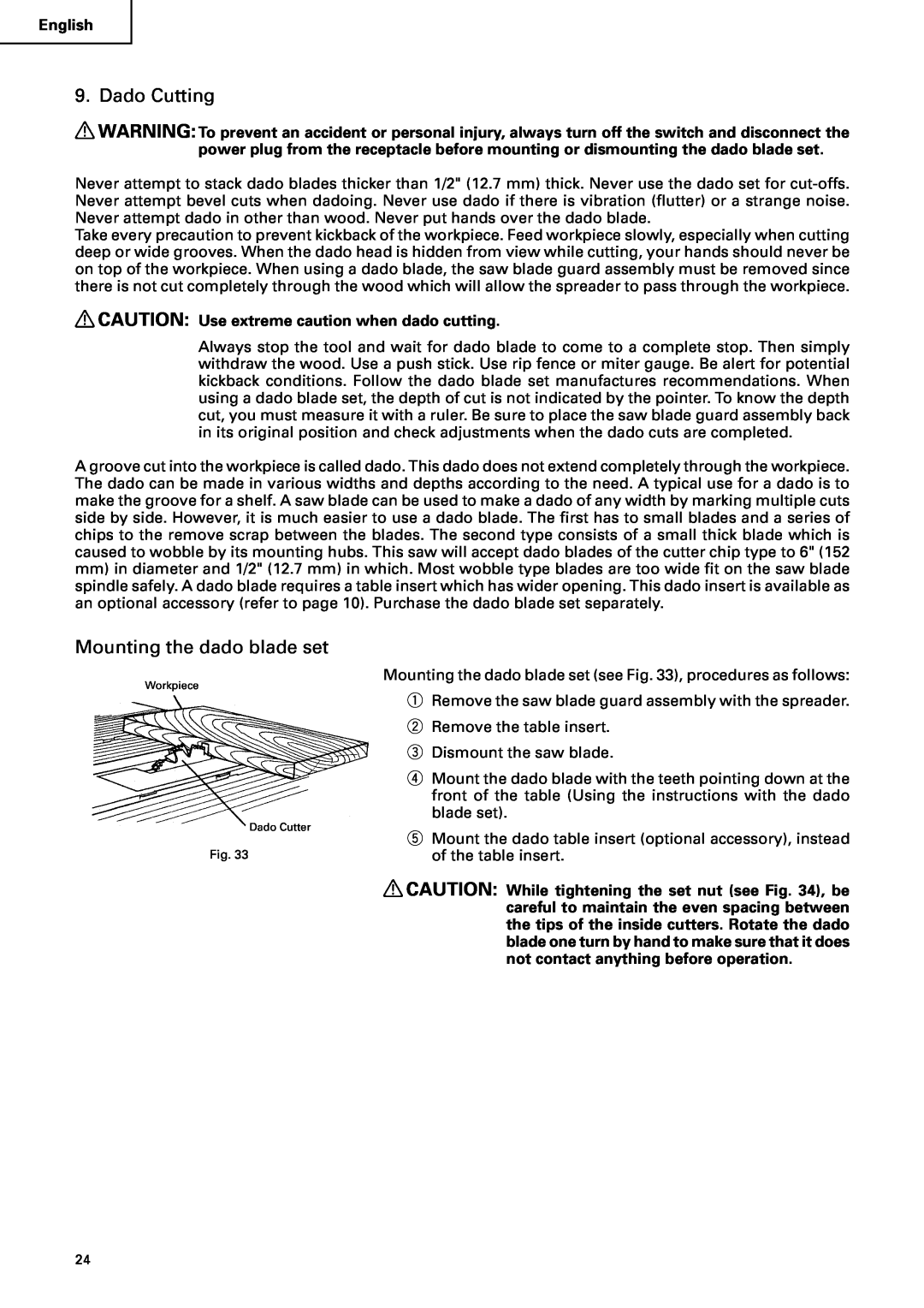 Hitachi C10RA2 instruction manual Dado Cutting, Mounting the dado blade set 