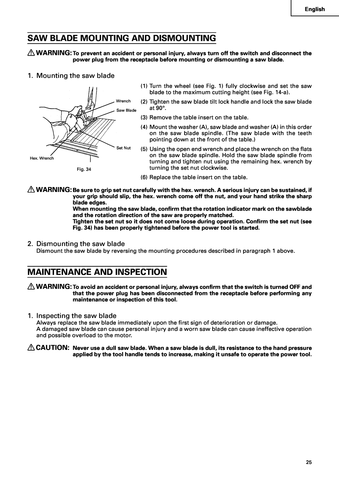 Hitachi C10RA2 instruction manual Saw Blade Mounting And Dismounting, Maintenance And Inspection, Mounting the saw blade 