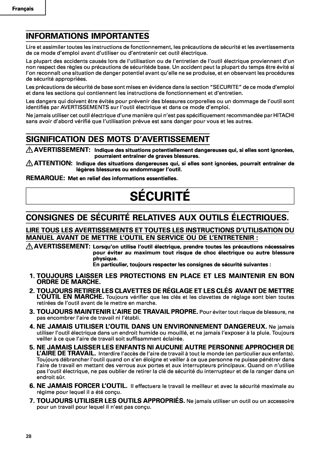 Hitachi C10RA2 instruction manual Sécurité, Informations Importantes, Signification Des Mots D’Avertissement 