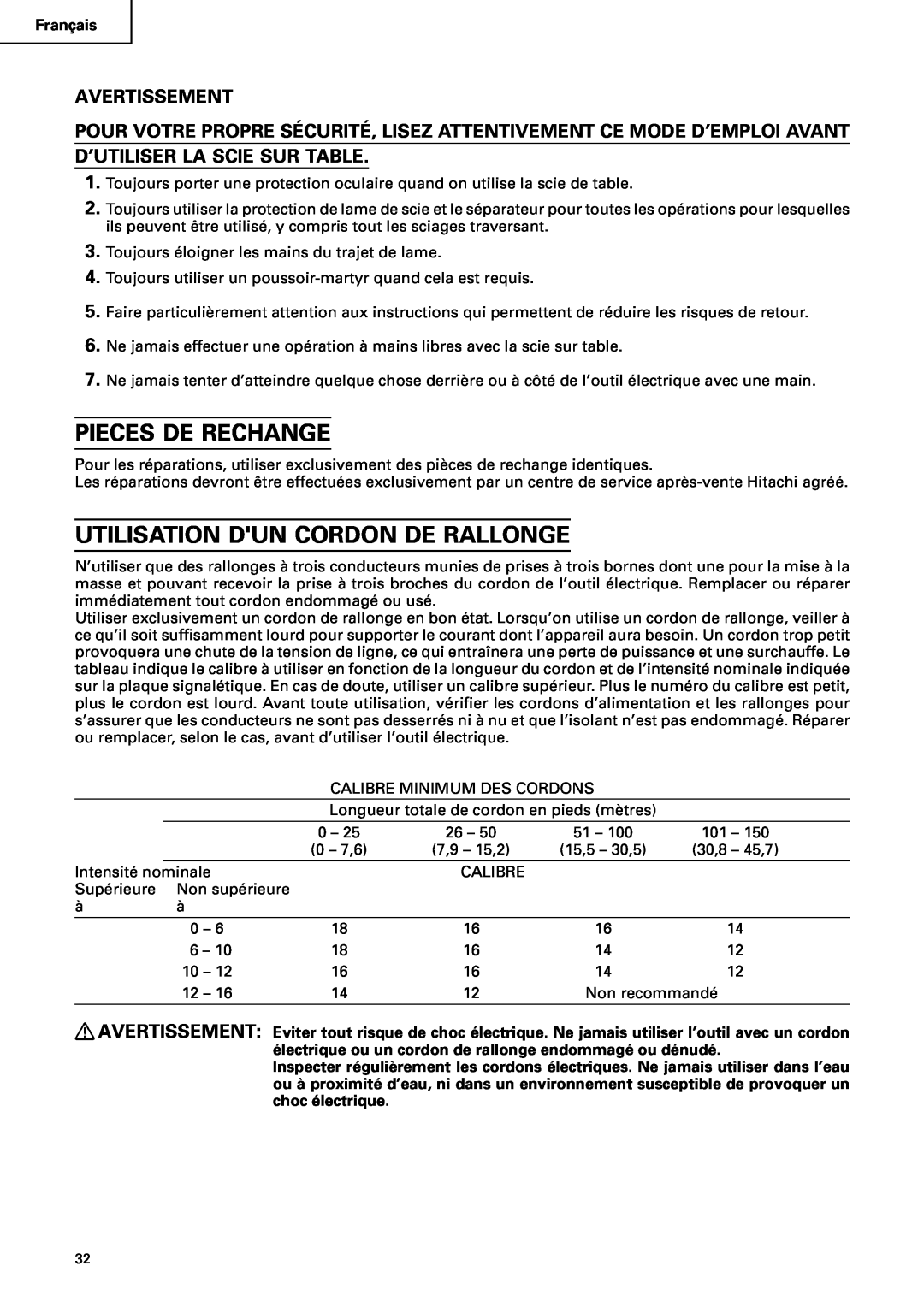 Hitachi C10RA2 instruction manual Pieces De Rechange, Utilisation Dun Cordon De Rallonge, Avertissement 
