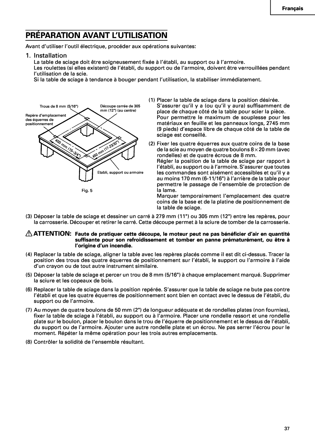 Hitachi C10RA2 instruction manual Préparation Avant L’Utilisation, Installation 