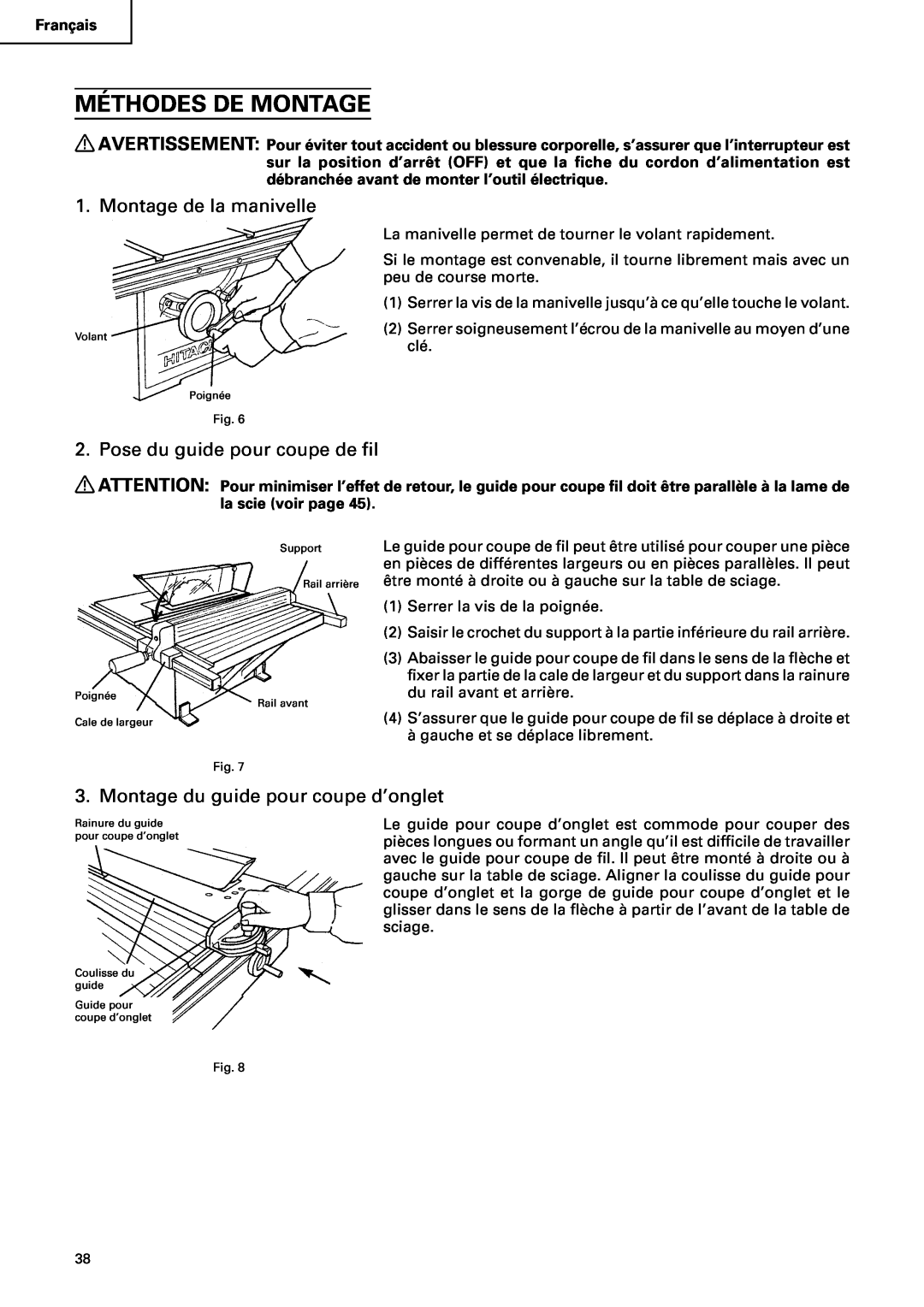 Hitachi C10RA2 instruction manual Méthodes De Montage, Montage de la manivelle, Pose du guide pour coupe de fil 