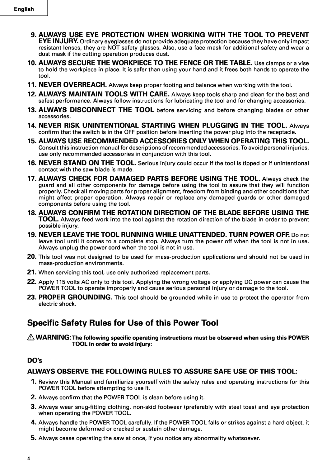 Hitachi C10RA2 instruction manual Specific Safety Rules for Use of this Power Tool, DO’s 