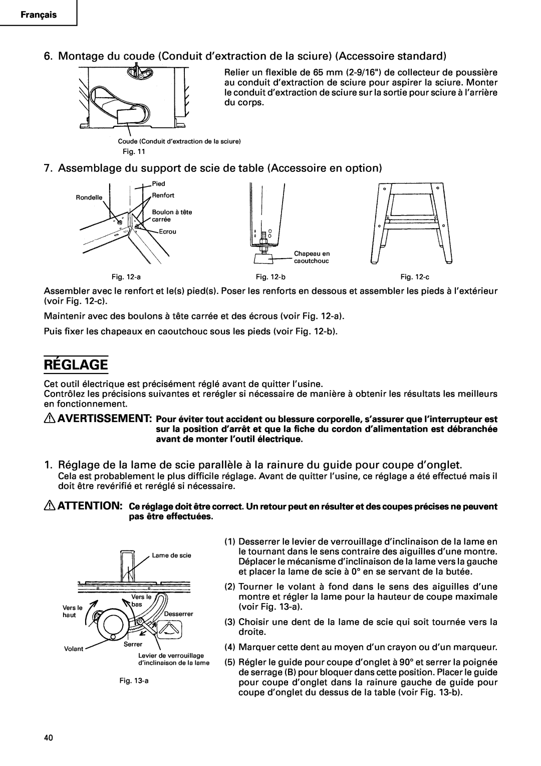 Hitachi C10RA2 instruction manual Réglage 