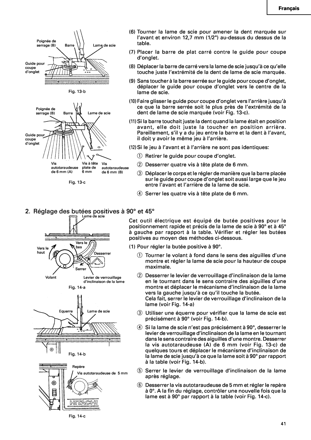 Hitachi C10RA2 instruction manual 2. Réglage des butées positives à 90 et 