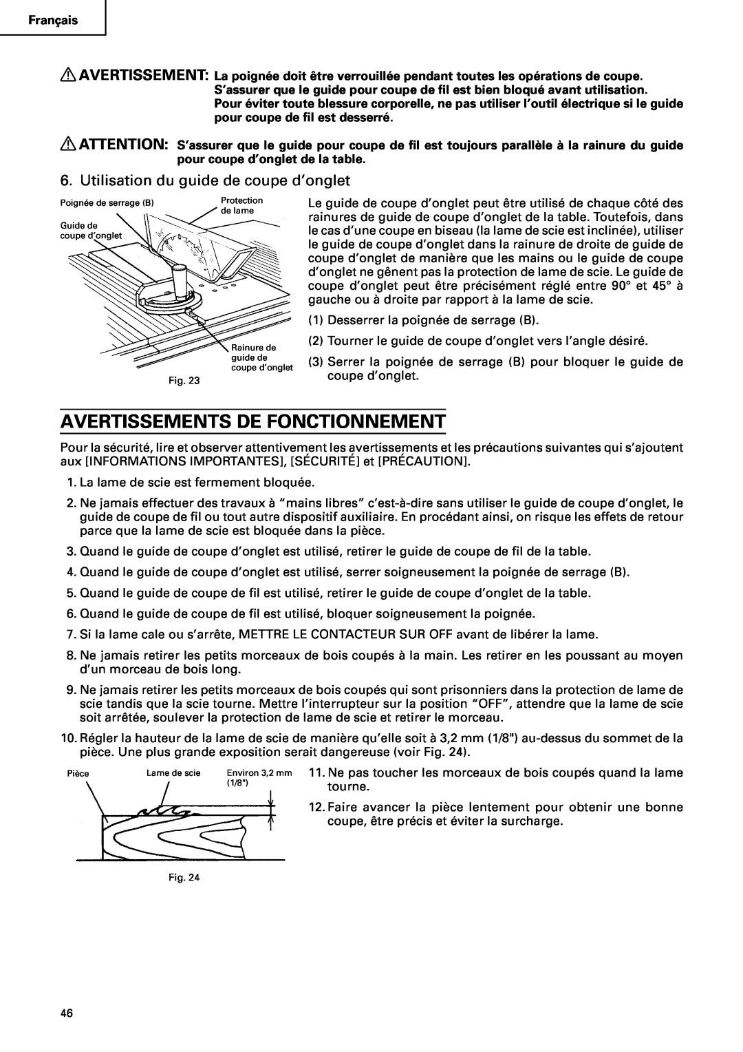Hitachi C10RA2 instruction manual Avertissements De Fonctionnement, Utilisation du guide de coupe d’onglet 