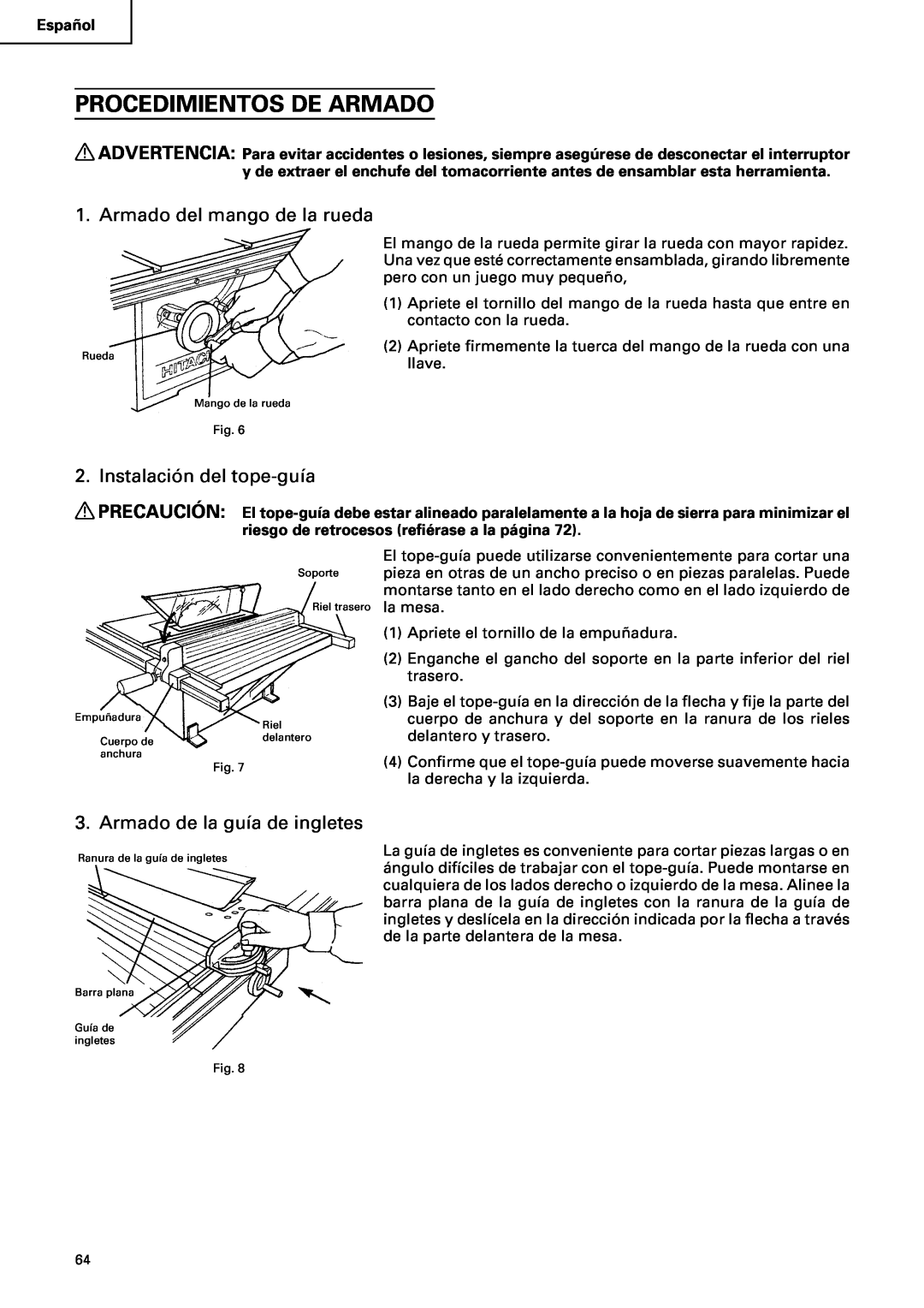 Hitachi C10RA2 instruction manual Procedimientos De Armado, Armado del mango de la rueda, Instalación del tope-guía 