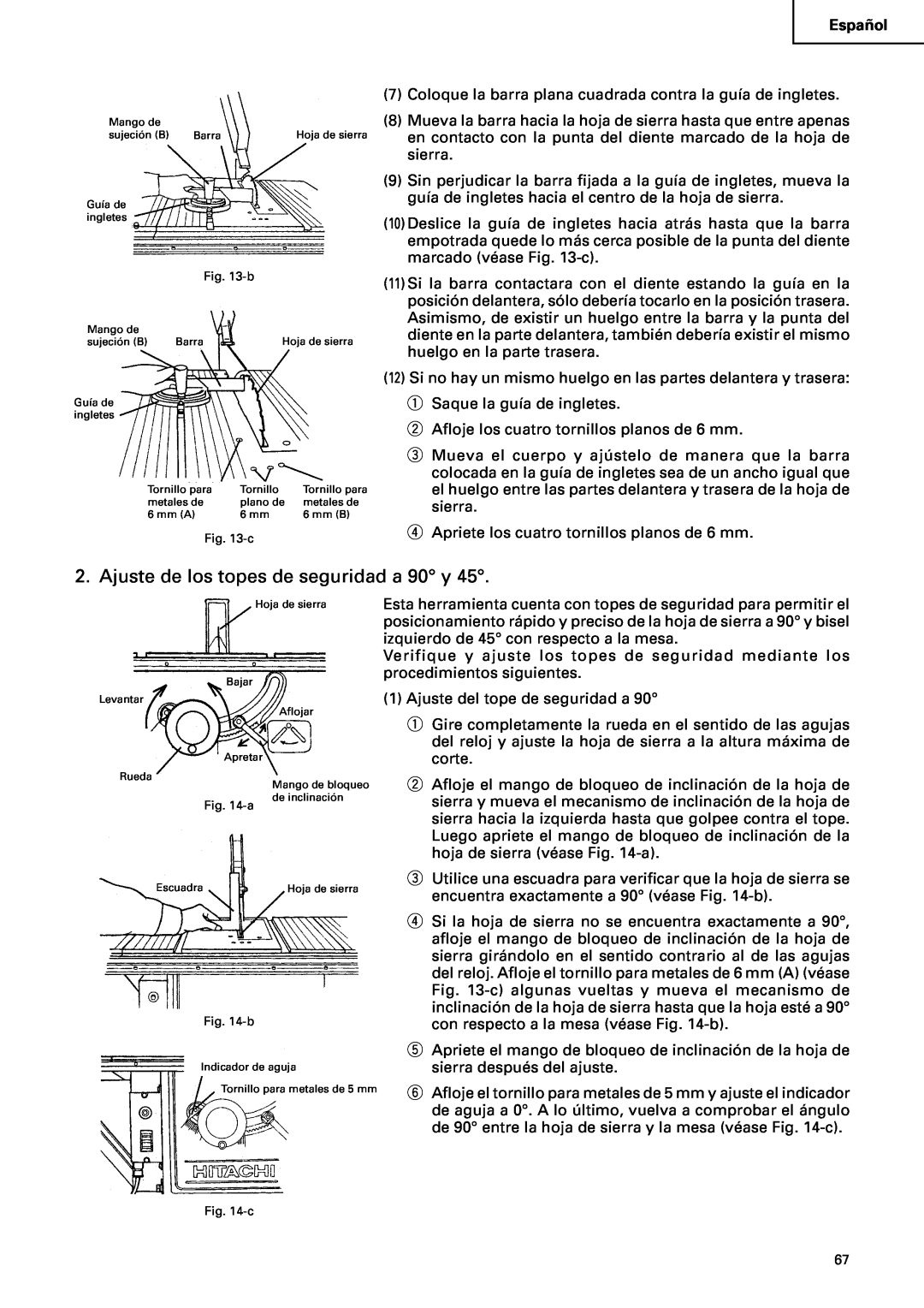 Hitachi C10RA2 instruction manual Ajuste de los topes de seguridad a 90 y 