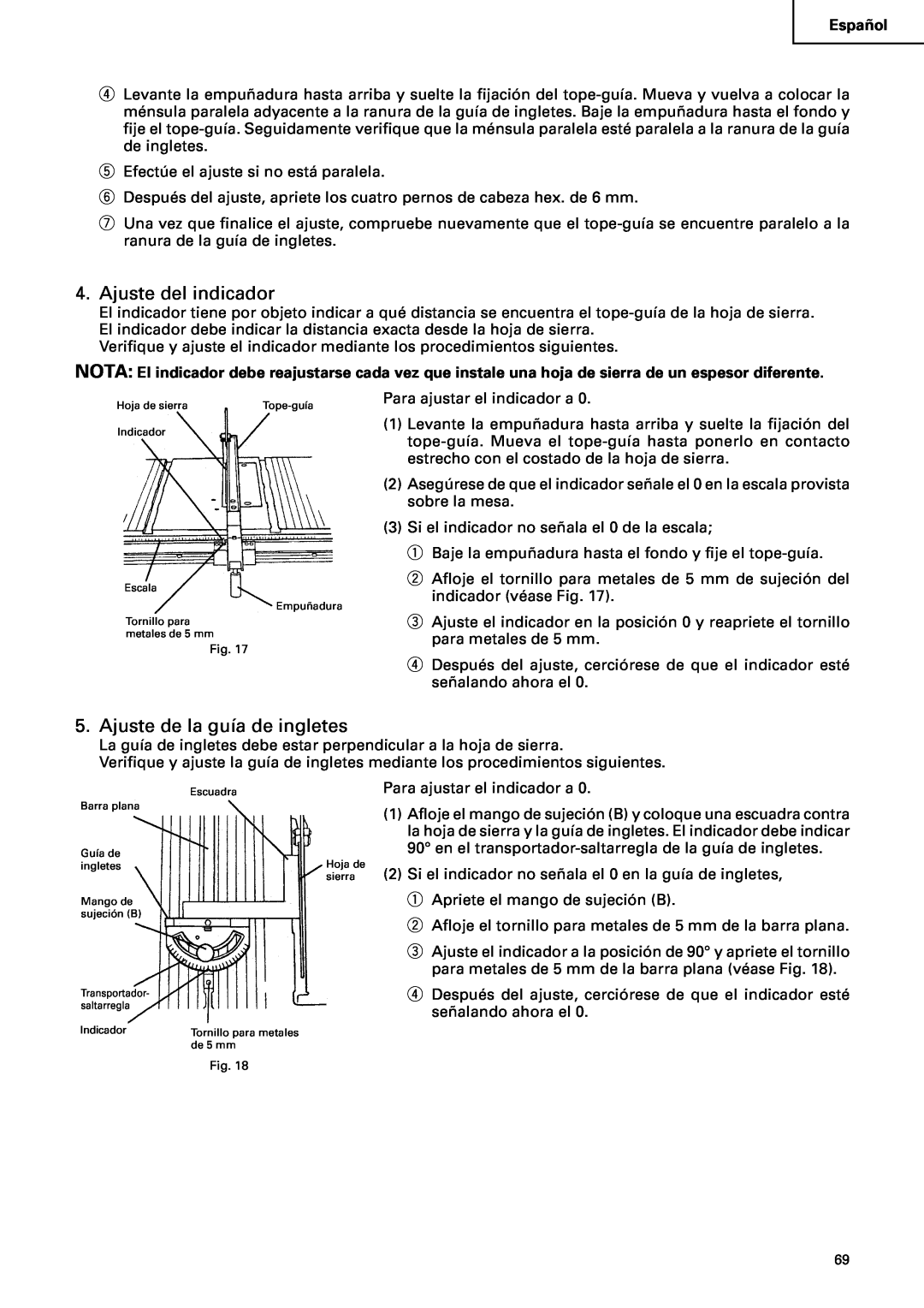 Hitachi C10RA2 instruction manual Ajuste del indicador, Ajuste de la guía de ingletes, Español 