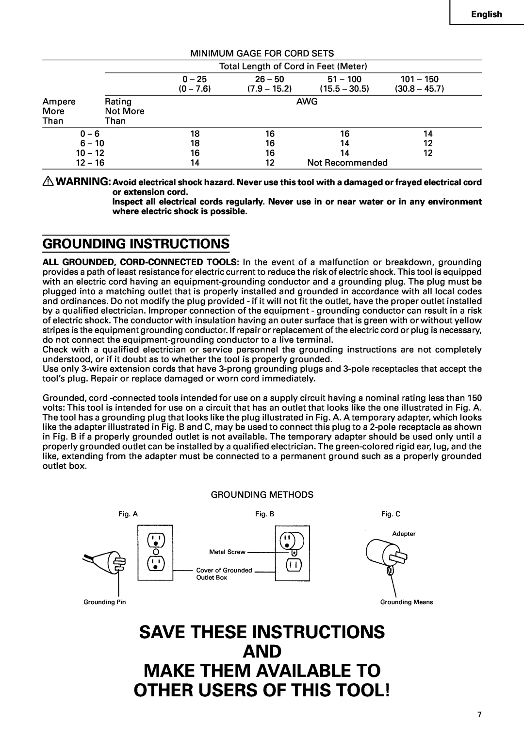 Hitachi C10RA2 Save These Instructions And Make Them Available To, Other Users Of This Tool, Grounding Instructions 