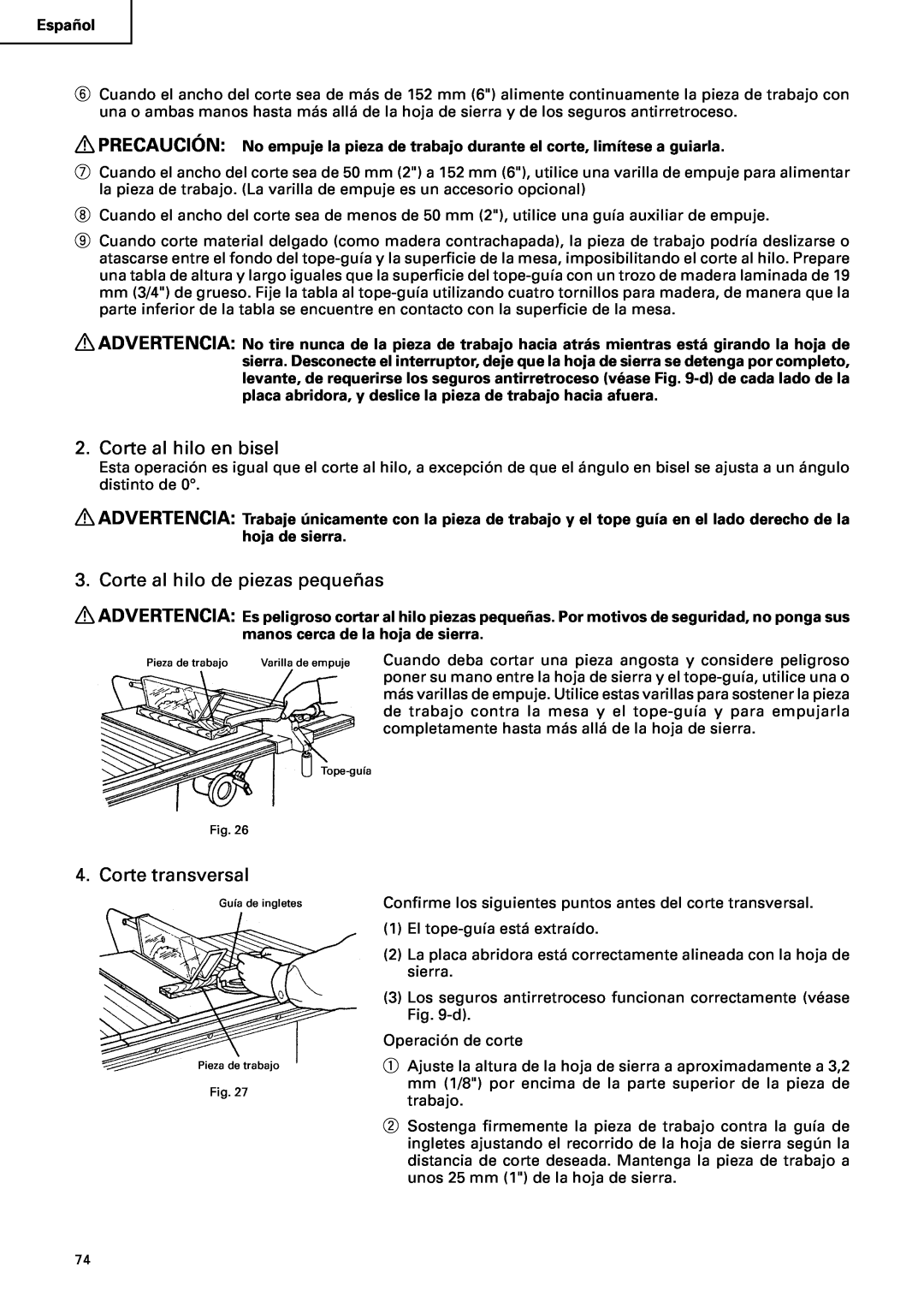 Hitachi C10RA2 instruction manual Corte al hilo en bisel, Corte al hilo de piezas pequeñas, Corte transversal 