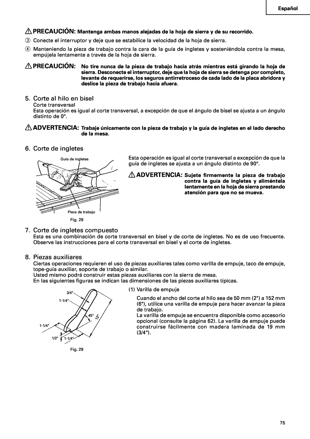 Hitachi C10RA2 instruction manual Corte al hilo en bisel, Corte de ingletes compuesto, Piezas auxiliares 