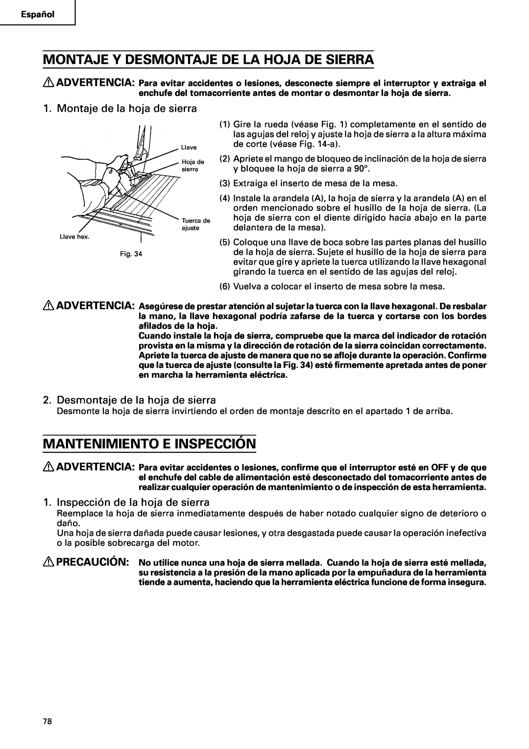 Hitachi C10RA2 Montaje Y Desmontaje De La Hoja De Sierra, Mantenimiento E Inspección, Montaje de la hoja de sierra 