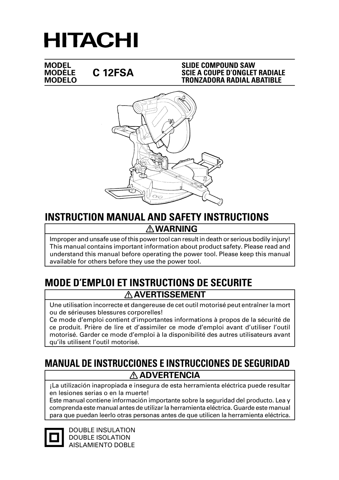 Hitachi C12FSA instruction manual Avertissement, Advertencia 