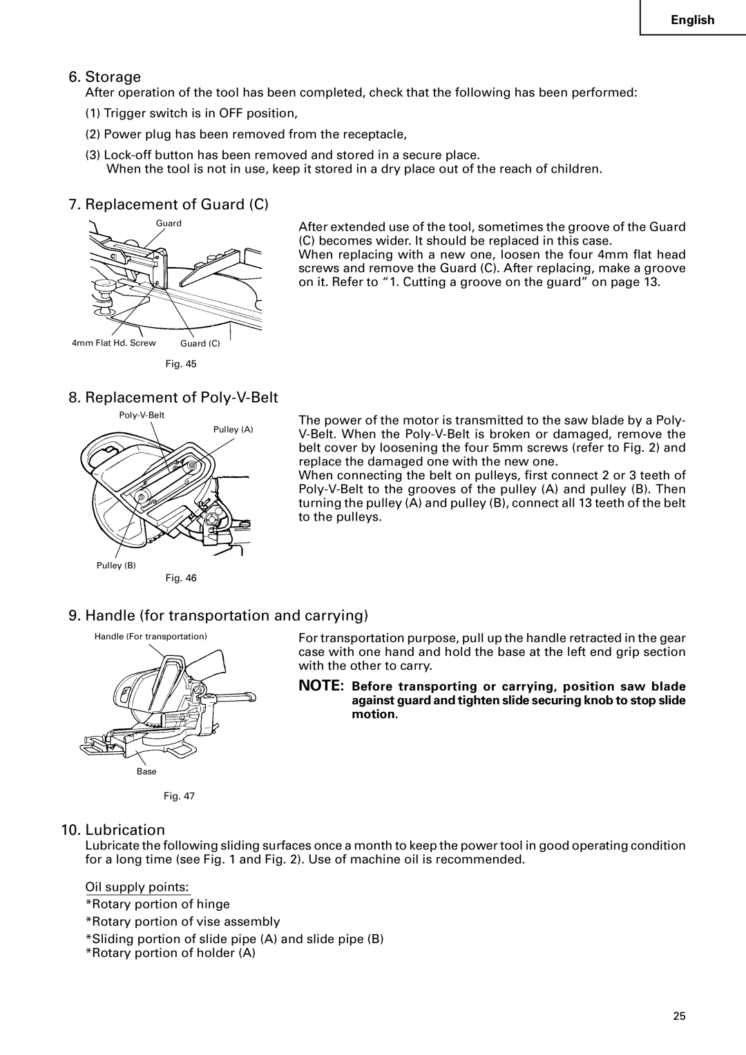 Hitachi C12FSA Storage, Replacement of Guard C, Replacement of Poly-V-Belt, Handle for transportation and carrying 