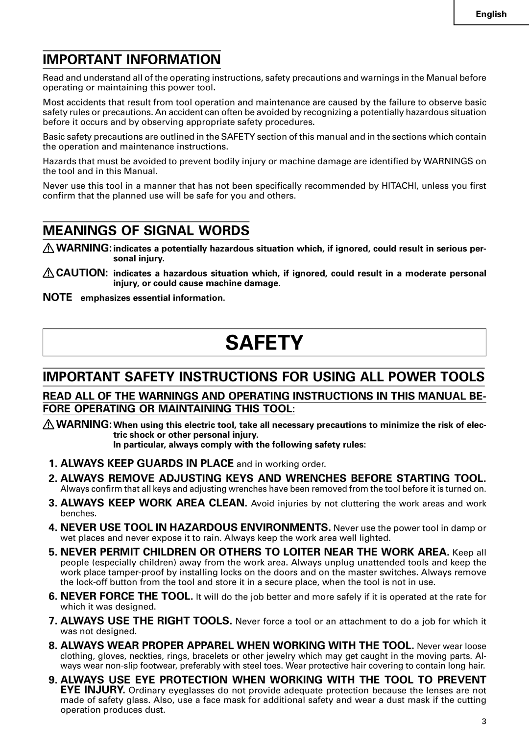 Hitachi C12FSA Important Information, Meanings of Signal Words, Important Safety Instructions for Using ALL Power Tools 