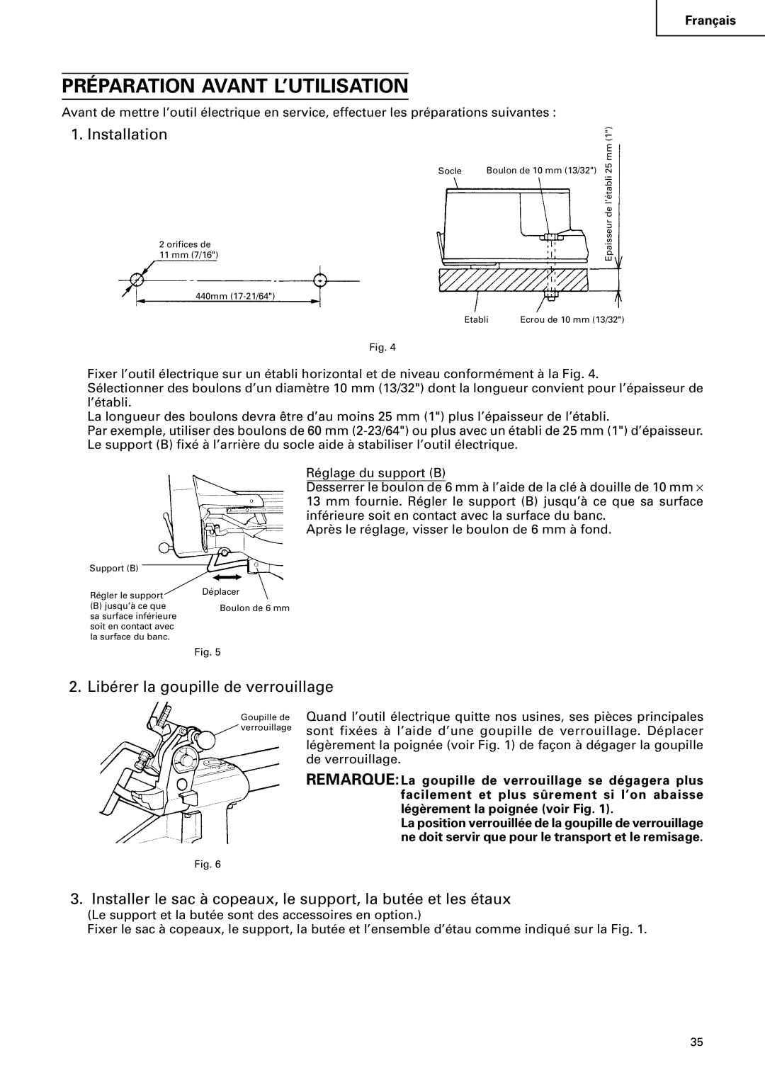 Hitachi C12FSA instruction manual Préparation Avant L’UTILISATION, Libérer la goupille de verrouillage 