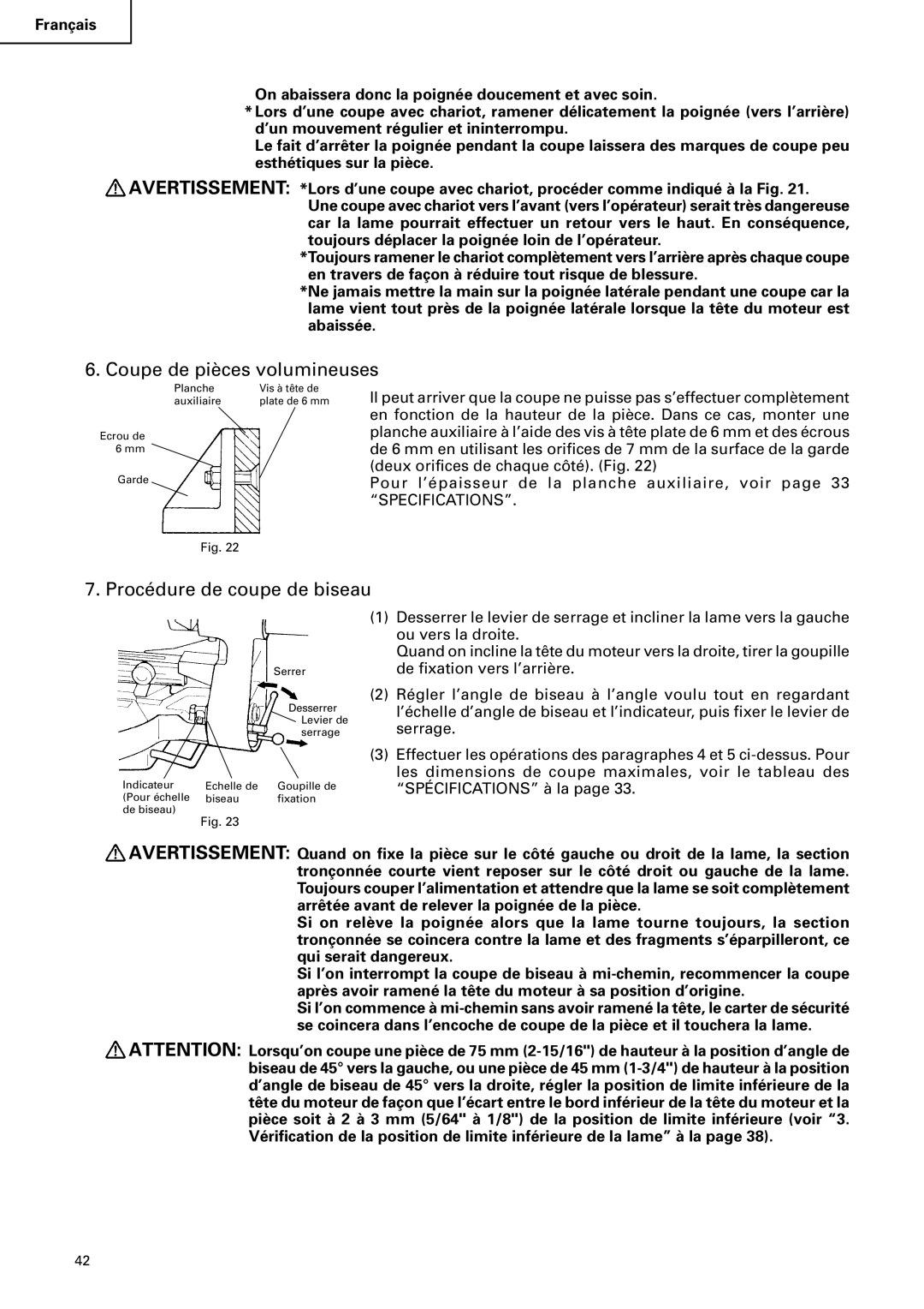 Hitachi C12FSA instruction manual Coupe de pièces volumineuses, Procédure de coupe de biseau 