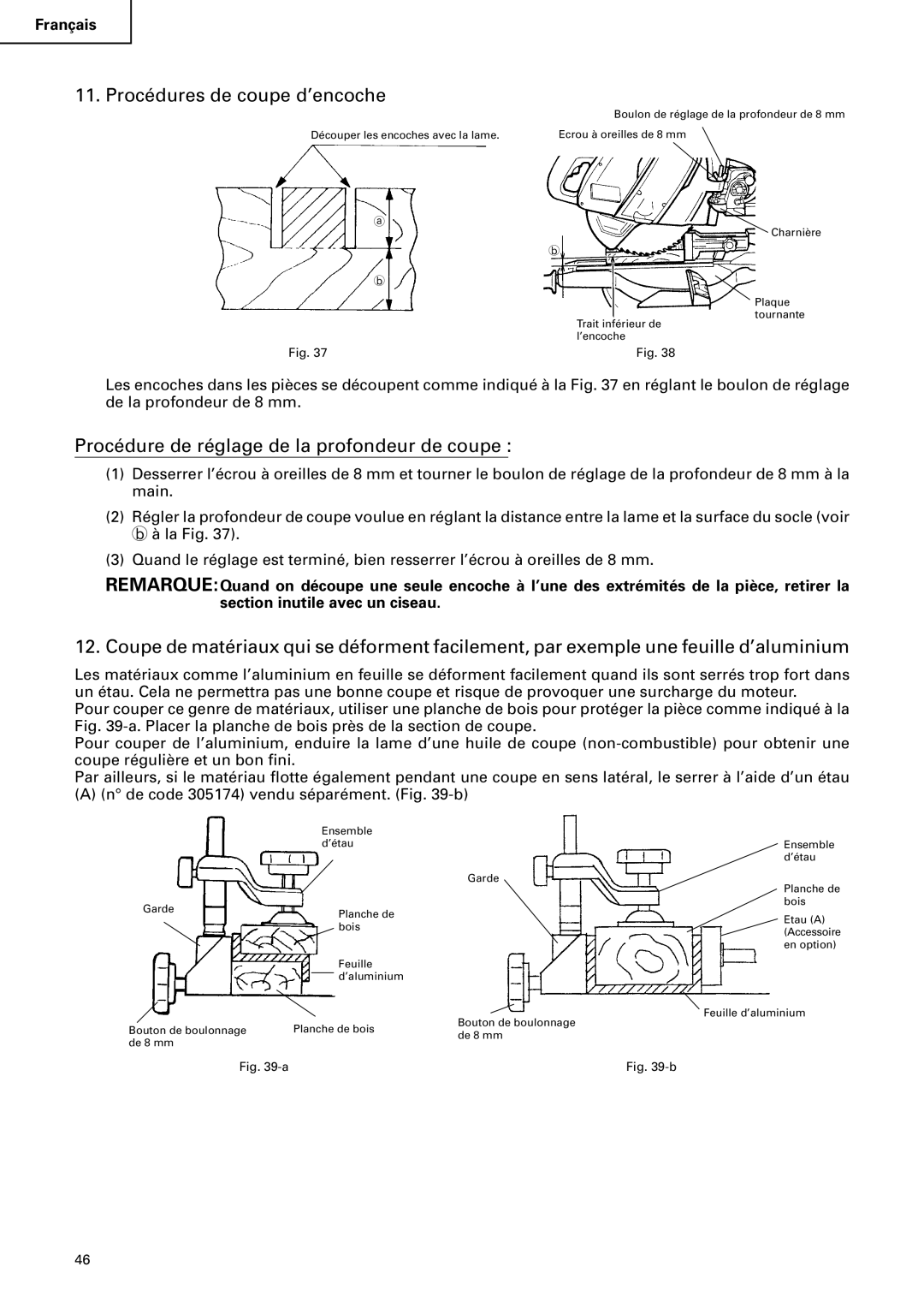 Hitachi C12FSA instruction manual Procédures de coupe d’encoche, Procédure de réglage de la profondeur de coupe 