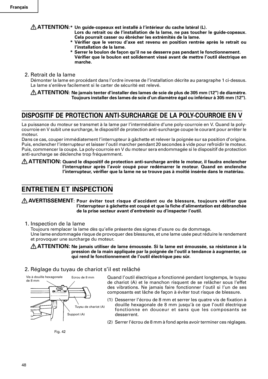 Hitachi C12FSA instruction manual Entretien ET Inspection, Retrait de la lame, Inspection de la lame 