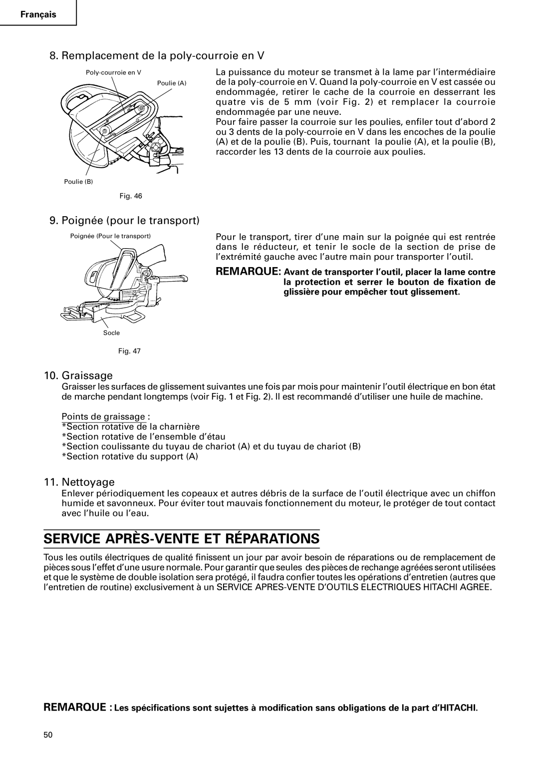 Hitachi C12FSA Service APRÈS-VENTE ET Réparations, Remplacement de la poly-courroie en, Poignée pour le transport 