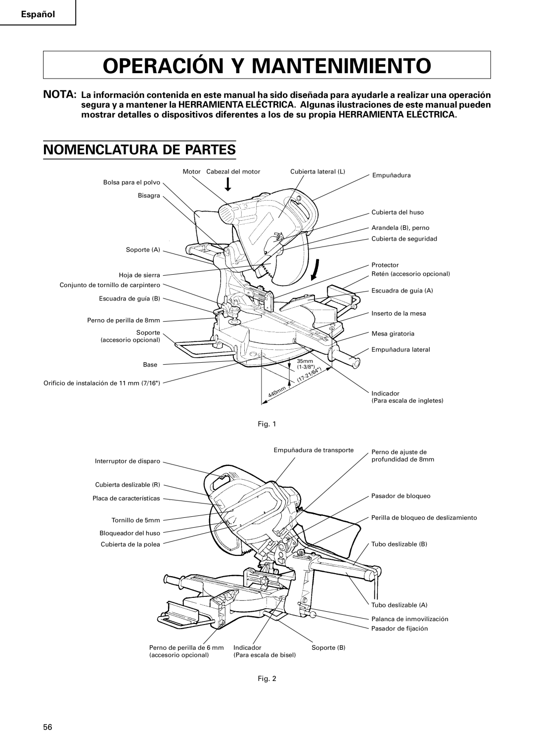 Hitachi C12FSA instruction manual Operación Y Mantenimiento, Nomenclatura DE Partes 