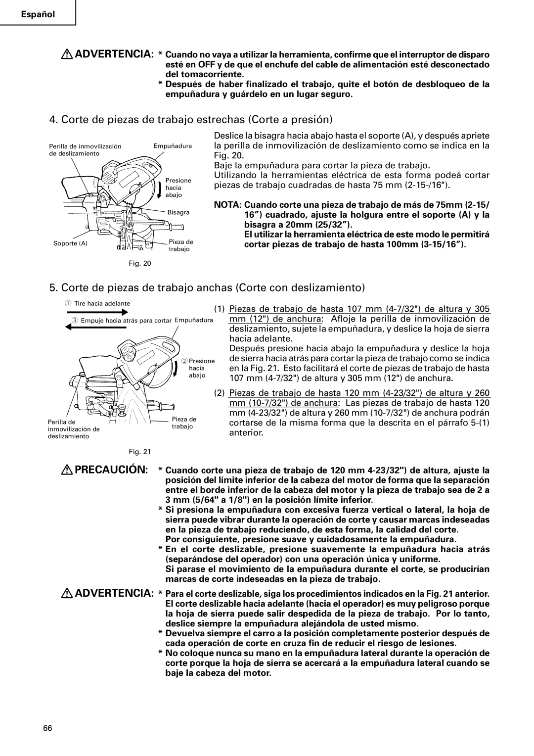 Hitachi C12FSA instruction manual Corte de piezas de trabajo estrechas Corte a presión 