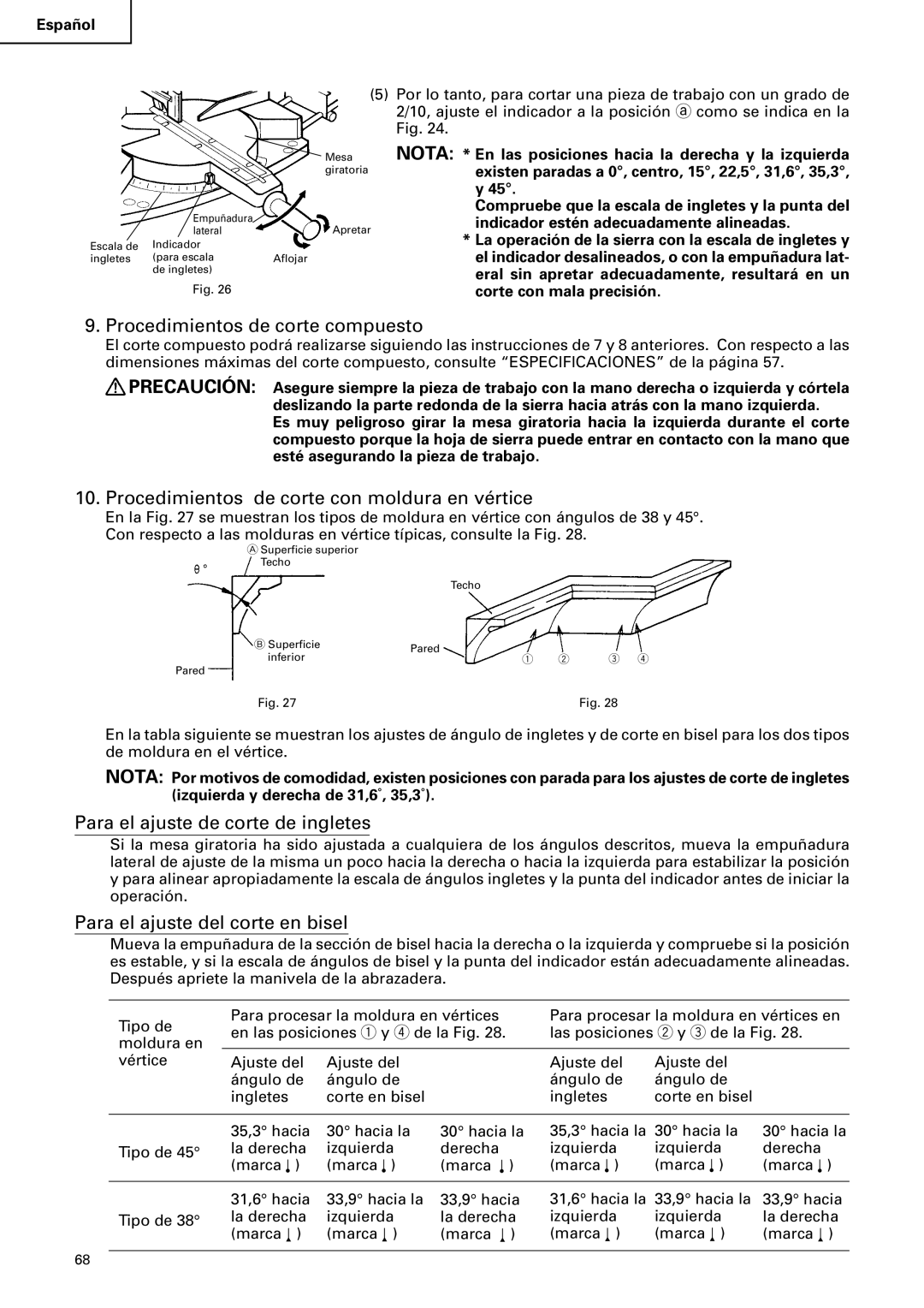 Hitachi C12FSA instruction manual Procedimientos de corte compuesto, Procedimientos de corte con moldura en vértice 