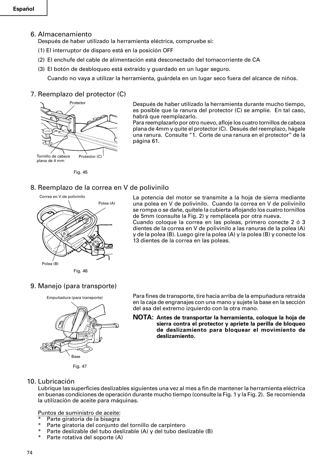 Hitachi C12FSA Almacenamiento, Reemplazo del protector C, Reemplazo de la correa en V de polivinilo, Lubricación 