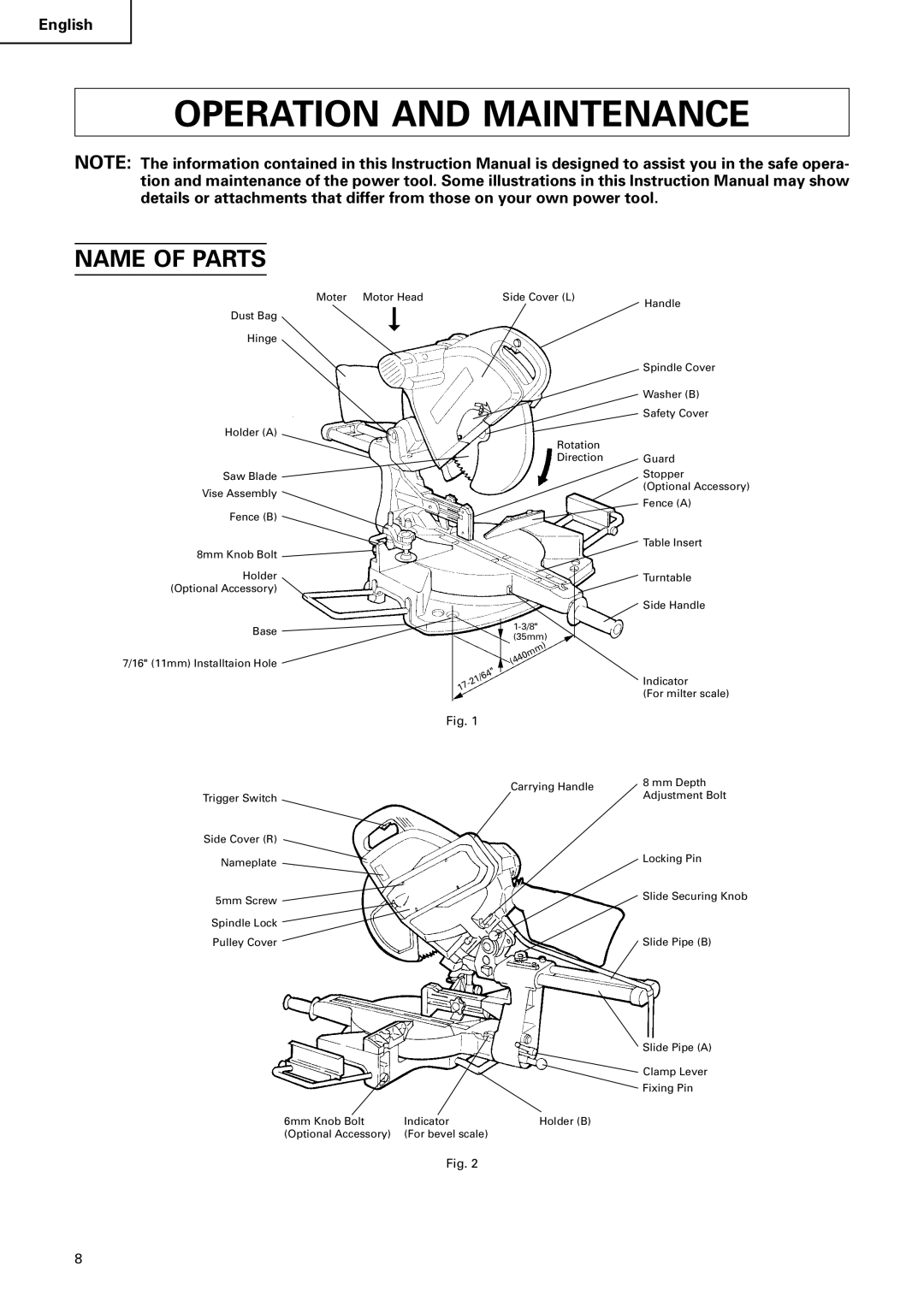 Hitachi C12FSA instruction manual Operation and Maintenance, Name of Parts 