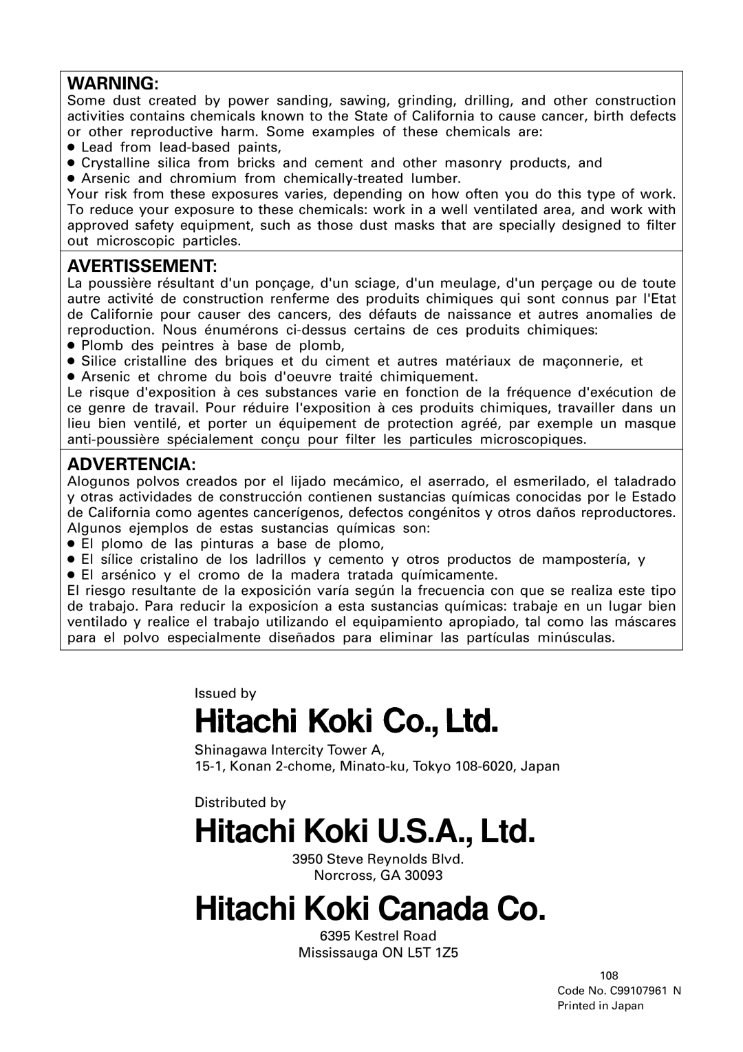 Hitachi C12FSA instruction manual Hitachi Koki Canada Co 